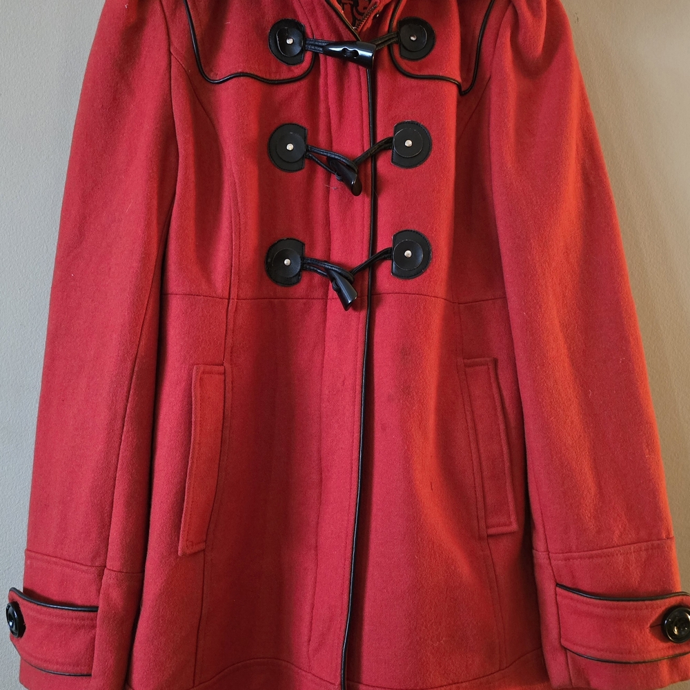Guess Women's Red Pea Coat with Black Accents
